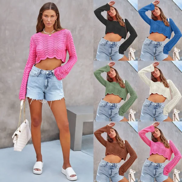 Upgrade Your Wardrobe With Our Stylish Spring And Autumn Solid Color Openwork Sweater For Women - Image 2