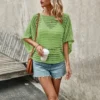 Kf S2D6Dff09296C45308A60D017C2A9704Fn 2024 Spring Summer Round Neck New Pullover Strap Hollow Fashion Short Sleeve Spliced Women S Knitwear