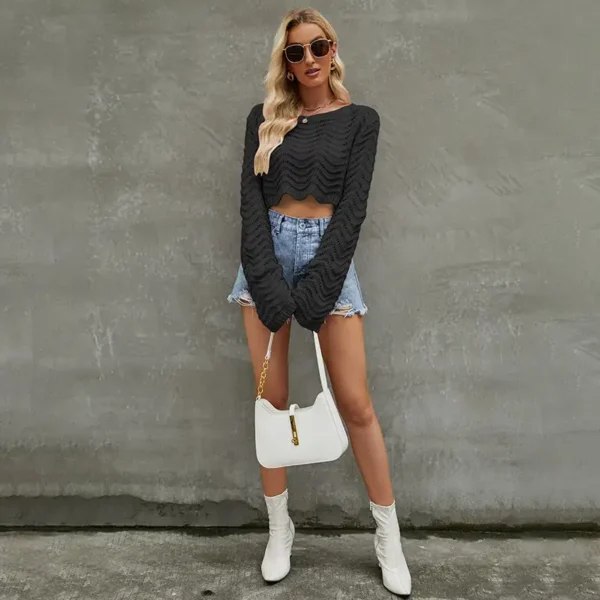 Upgrade Your Wardrobe With Our Stylish Spring And Autumn Solid Color Openwork Sweater For Women - Image 3