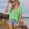 2024 Summer V-neck Cap Sleeve Knit T-shirt Women's: Loose & Casual - Green, L