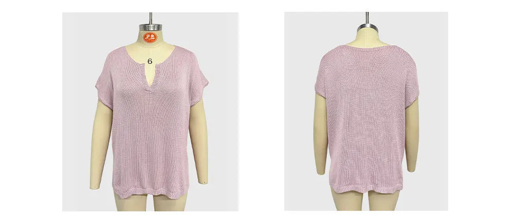 2024 Spring Summer Plus Size High Quality V-Neck Knit Women T-Shirts: Loose And Oversized Casual Pullover With Short Sleeves 20 Kf S5Af1781Bfdf9437C84Ddf711491A72D6N