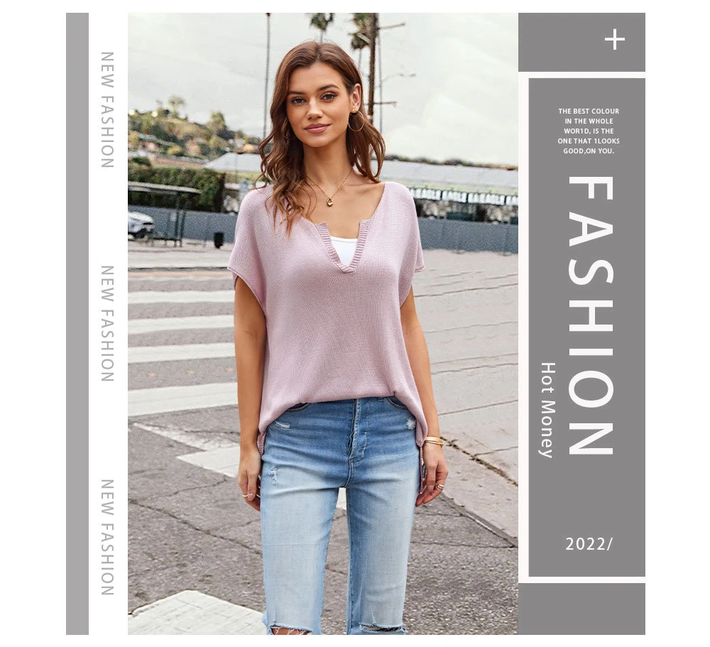 2024 Spring Summer Plus Size High Quality V-Neck Knit Women T-Shirts: Loose And Oversized Casual Pullover With Short Sleeves 11 Kf S67Aa9886A65349C7Bae53D78Fc7C7E7Fc