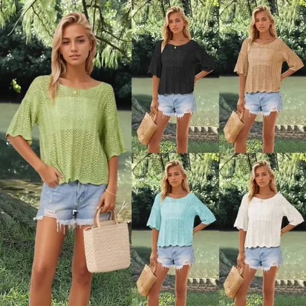 2024 Summer New Round Neck Mesh Knit Tshirt For Casual Women - Hollow Out &Amp; Large Size