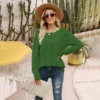 Kf S92381F15700D41D1B199039C714620E7R 2024 Autumn Solid Color Hollow Pullover Lace Knitwear One Line Neck Off Shoulder Sweater Spring Womens