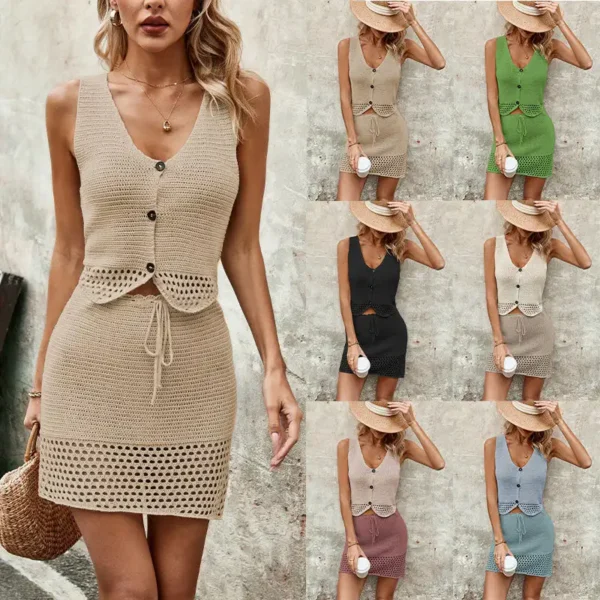 Spring Summer Fashion: Women'S V-Neck Tank Top And Half Skirt Set In Solid Colors - Image 2
