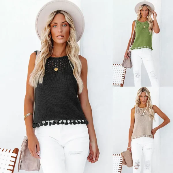 2024 Summer Fashion: Handmade Tassel Women'S Tank Top With Hollow Out Knitwear And Round Neck !