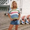 Kf Sc8A272Cf2E7C43B78F153D244D6Cfd2B2 2024 Rainbow Stripe Short Sleeved Knitwear Spring Summer Large Size Loose Women S Top Clothing Pullover