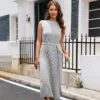 Kf Se72A45D0Db4242628Ed739366F01B1C3C 2024 Solid Color Round Neck Bottom Knitted Skirt Fashion Commuter Side High Split Dresses Sexy Viscose