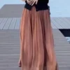 Upgrade Your Wardrobe with Our Spring and Autumn Half Length Pleated Skirt - Featuring Pearlescent Fabric and Elegant Pleats! - Coffee color, L