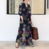 Upgrade Your Wardrobe with Our New Style Cotton and Linen Print Long Shirt Dress - Perfect for Casual and Comfortable Days! - navy blue, M