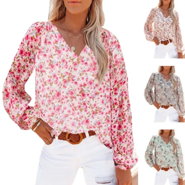 Stylish And Chic: Women'S V-Neck Chiffon Shirt With Lantern Sleeves And Blood Floral Print - Image 2