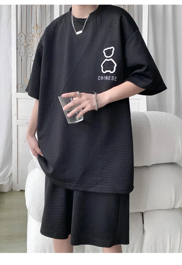 Men'S Summer Fashion Bear T-Shirt &Amp; Shorts Set - Loose Fit, Short-Sleeved, Basketball Suit, Waffle Sports Suit - Image 6
