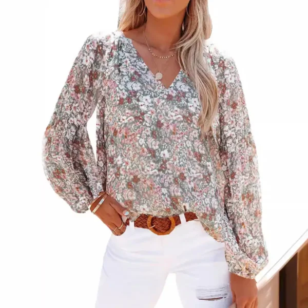 Stylish And Chic: Women'S V-Neck Chiffon Shirt With Lantern Sleeves And Blood Floral Print - Image 4