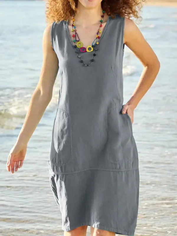 2024 Summer Fashion: Cotton And Linen U-Neck Women Dress In Solid Color - Perfect For Adventures! - Image 4