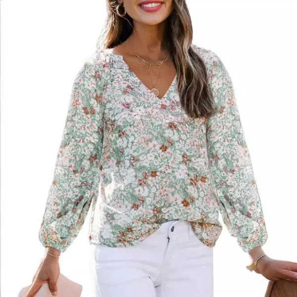 Stylish And Chic: Women'S V-Neck Chiffon Shirt With Lantern Sleeves And Blood Floral Print
