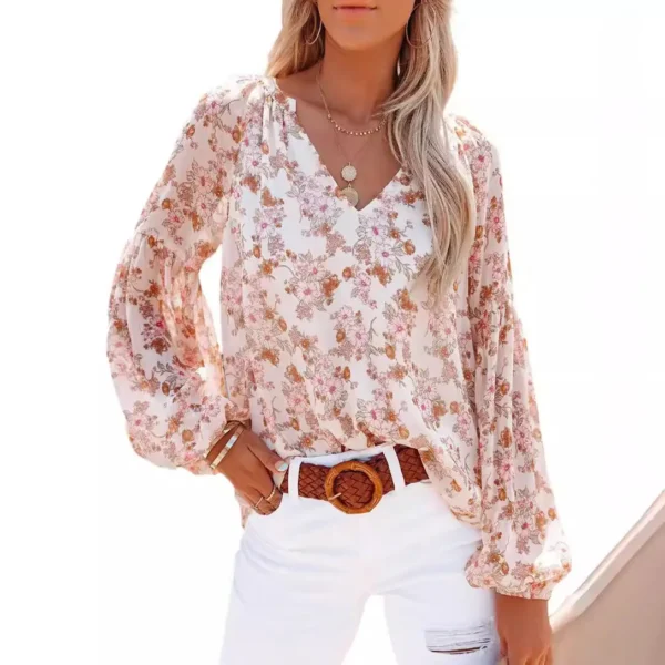 Stylish And Chic: Women'S V-Neck Chiffon Shirt With Lantern Sleeves And Blood Floral Print - Image 3