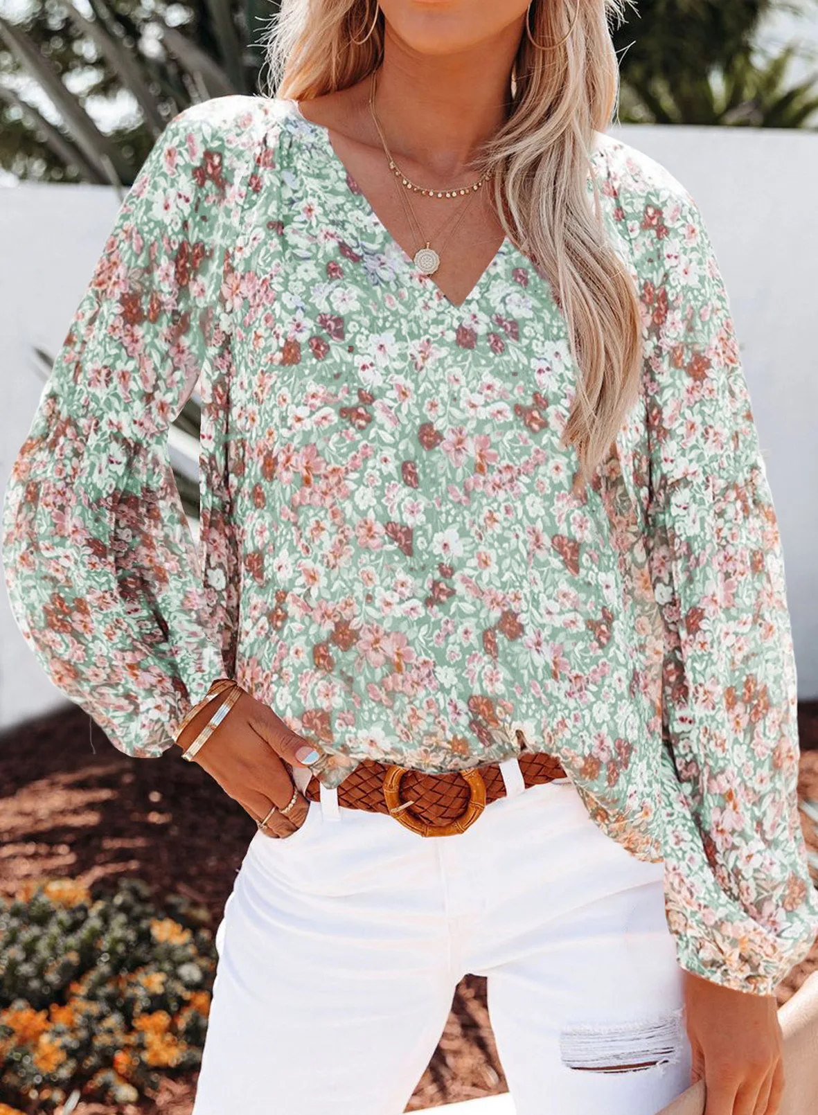 Stylish And Chic: Women'S V-Neck Chiffon Shirt With Lantern Sleeves And Blood Floral Print 45 Undefined