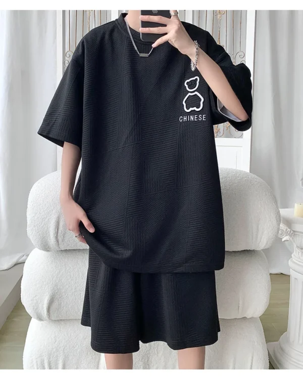 Men'S Summer Fashion Bear T-Shirt &Amp; Shorts Set - Loose Fit, Short-Sleeved, Basketball Suit, Waffle Sports Suit - Image 5