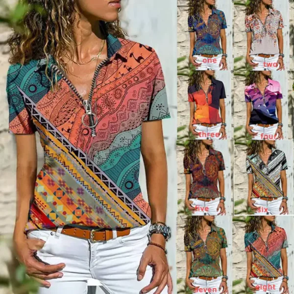 Bohemian Western Ethnic Style T-Shirt For Women With Zippered- Hot Seller! - Image 5