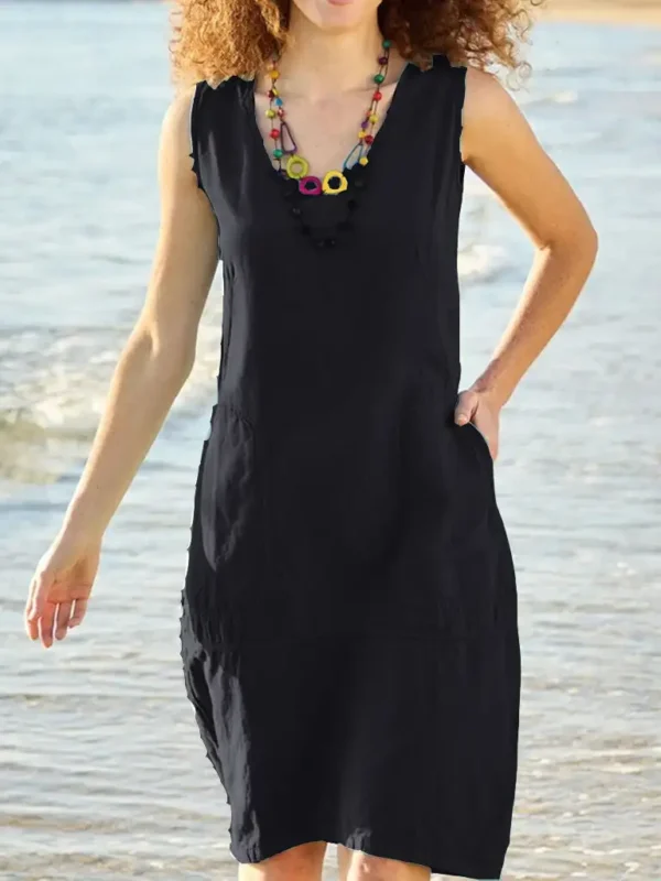 2024 Summer Fashion: Cotton And Linen U-Neck Women Dress In Solid Color - Perfect For Adventures! - Image 3