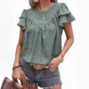 Kf S7Fe2F4F7Ee164Ecc9E83F0A99F4E3A33U 2024 Cross Border Women S Summer New Polka Dot Round Neck T Shirt With Ruffled Sleeves