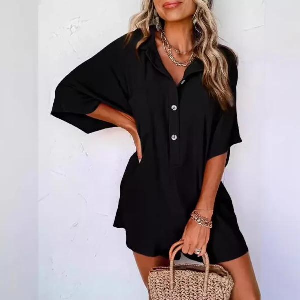 2024 Summer Women'S Shirt Jumpsuit: Comfortable, Loose Fit With Split Sleeves And Pocket Detail - Image 4