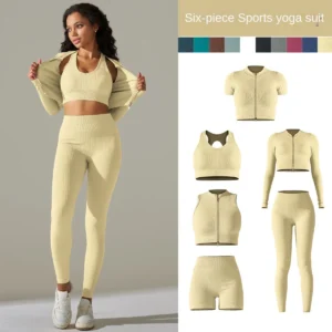 Kf S8C915Dc17403435C96F99F6F652Cf8Adt New Seamless Knitted Solid Color Threaded Yoga Suit Six Piece Set For Women S Sports Running