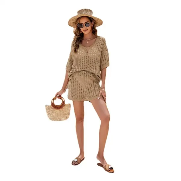 Stay Cool And Stylish With Our 2024 Summer Two-Piece Set: Solid Color Hollow Knit Top And High-Waisted Shorts For Women'S Casual Wear - Image 5