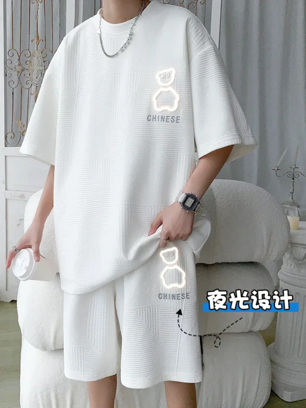Men'S Summer Fashion Bear T-Shirt &Amp; Shorts Set - Loose Fit, Short-Sleeved, Basketball Suit, Waffle Sports Suit - Image 2