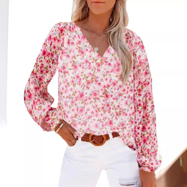 Stylish And Chic: Women'S V-Neck Chiffon Shirt With Lantern Sleeves And Blood Floral Print - Image 5