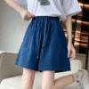 Stay Cool and Stylish this Summer with our Women's High Waisted Washed Silk Denim Jean Short - Loose, Slimming, and Comfortable! - DARK BLUE, XXXL