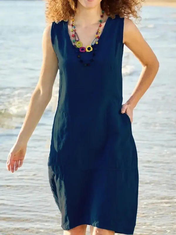 2024 Summer Fashion: Cotton And Linen U-Neck Women Dress In Solid Color - Perfect For Adventures! - Image 2