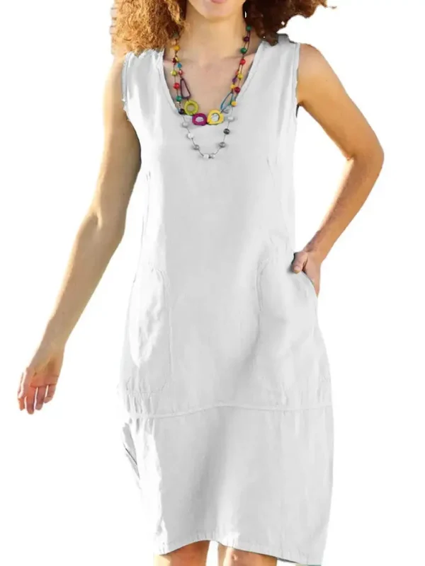 2024 Summer Fashion: Cotton And Linen U-Neck Women Dress In Solid Color - Perfect For Adventures! - Image 5