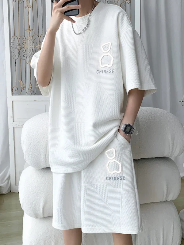 Men'S Summer Fashion Bear T-Shirt &Amp; Shorts Set - Loose Fit, Short-Sleeved, Basketball Suit, Waffle Sports Suit