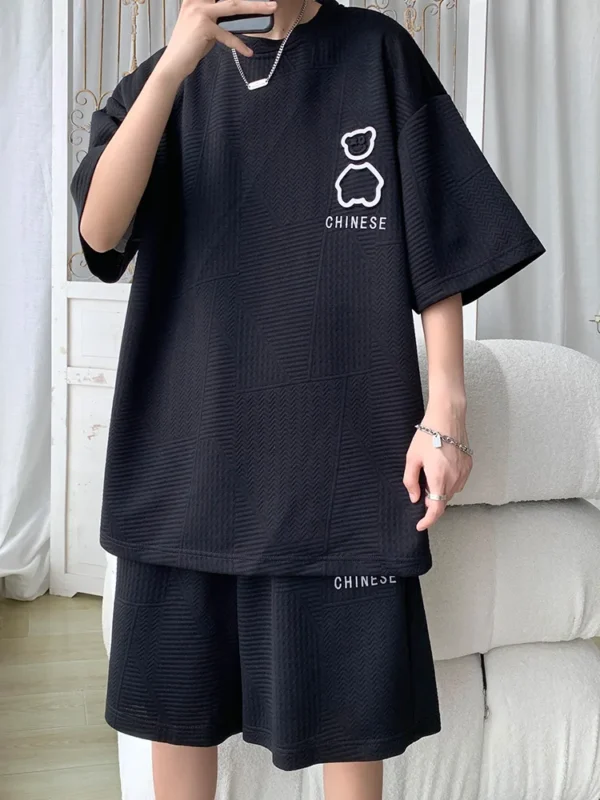 Men'S Summer Fashion Bear T-Shirt &Amp; Shorts Set - Loose Fit, Short-Sleeved, Basketball Suit, Waffle Sports Suit - Image 3