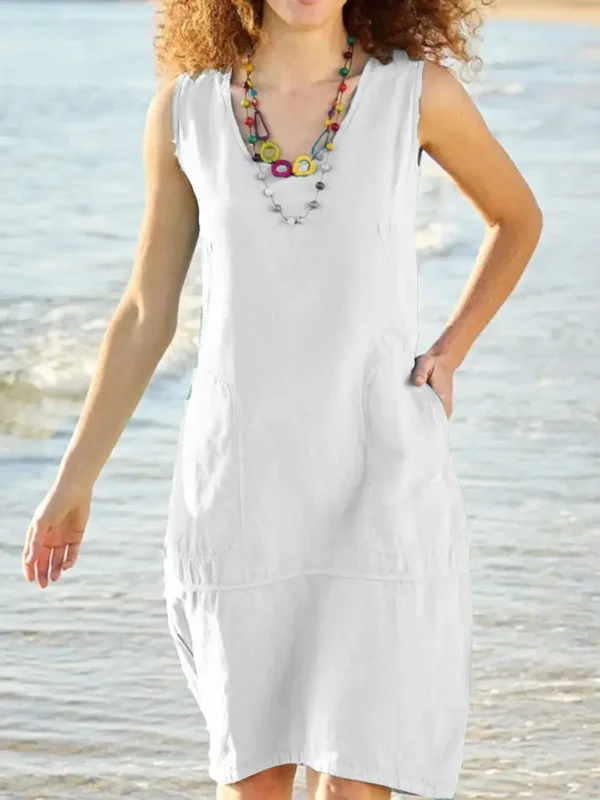 2024 Summer Fashion: Cotton And Linen U-Neck Women Dress In Solid Color - Perfect For Adventures! - Image 6