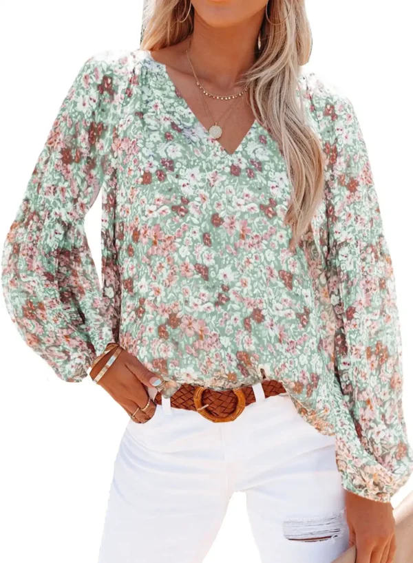 Stylish And Chic: Women'S V-Neck Chiffon Shirt With Lantern Sleeves And Blood Floral Print - Image 6