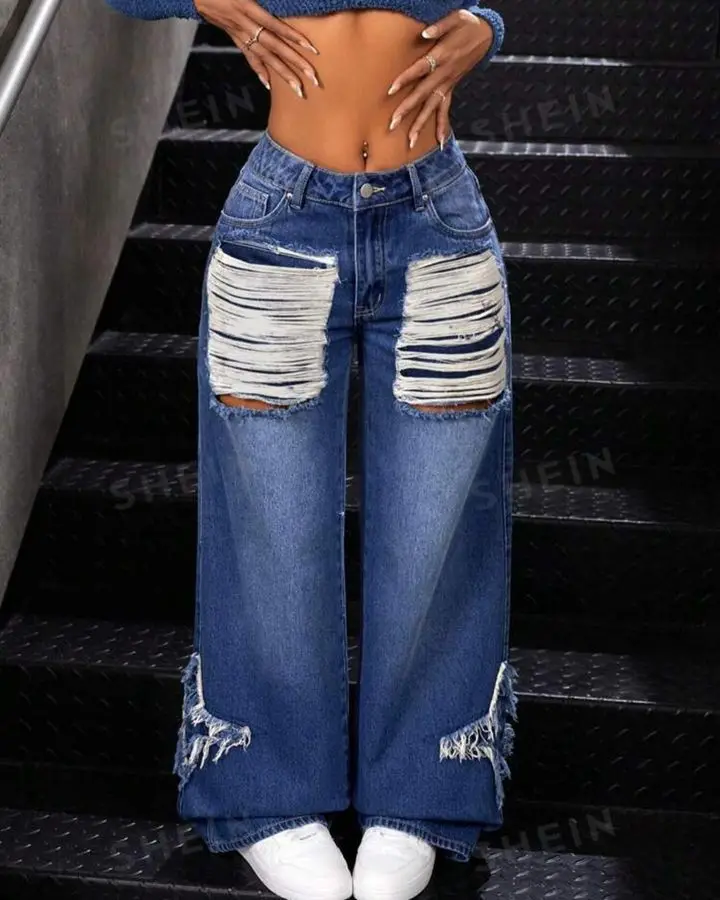 Blue Jeans Women'S Autumn And Winter Star Sticker Fringed Rough Edge Large Size Loose Straight Casual Wide Legs Long 12 Kf S1F73128Da08E41C6Ad37D87163A2D306B