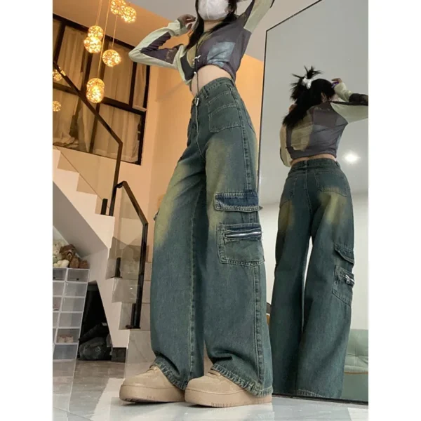 Design Tooling Multi-Pocket Jeans Women'S Spring And Autumn Large Size Fat Mm High Waist Skinny Loose Straight Wide Leg Pants - Image 4