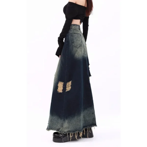 Original Design Heavy Industry Grinding And Washing Wasteland A-Type Pendulum Raw Edge Ripped Denim Skirt - Image 12