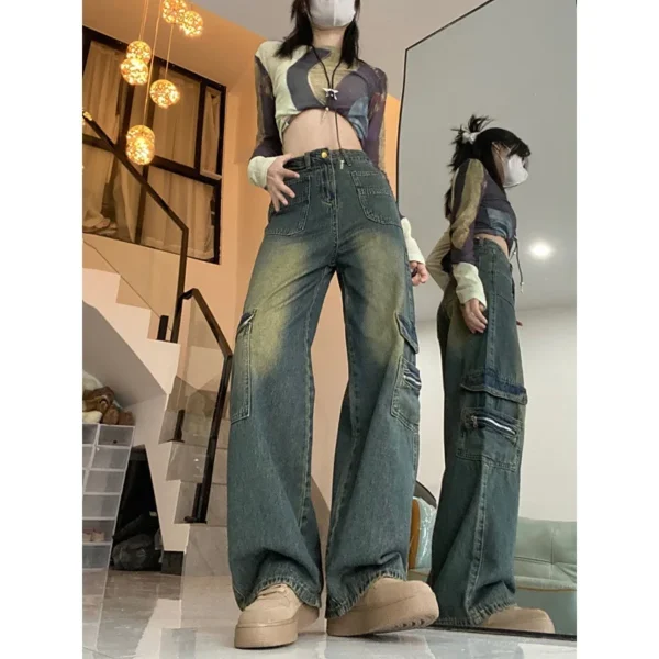 Design Tooling Multi-Pocket Jeans Women'S Spring And Autumn Large Size Fat Mm High Waist Skinny Loose Straight Wide Leg Pants - Image 2