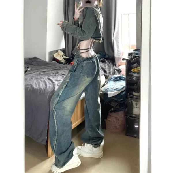 Millennium Pants Women'S American High Street Retro Design Sense Niche Loose Straight Wide Leg Jeans Tide - Image 4