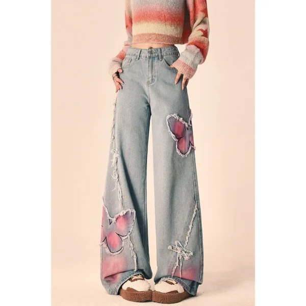 Winter Thickened Butterfly Burr Jeans Women'S Autumn And Winter Design Sense High Waist Narrow Version Wide Leg Straight Pants - Image 2
