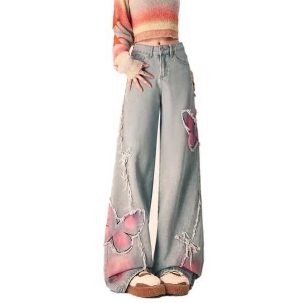 Winter Thickened Butterfly Burr Jeans Women'S Autumn And Winter Design Sense High Waist Narrow Version Wide Leg Straight Pants - Image 5