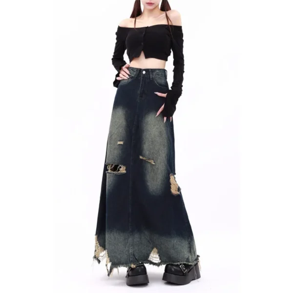 Original Design Heavy Industry Grinding And Washing Wasteland A-Type Pendulum Raw Edge Ripped Denim Skirt - Image 2