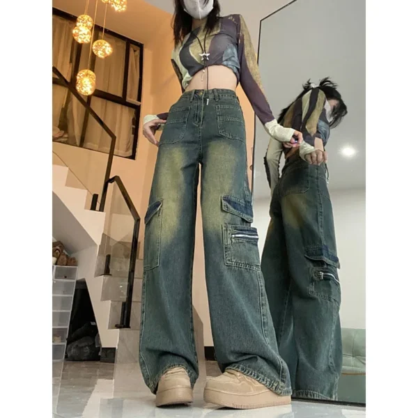 Design Tooling Multi-Pocket Jeans Women'S Spring And Autumn Large Size Fat Mm High Waist Skinny Loose Straight Wide Leg Pants - Image 3