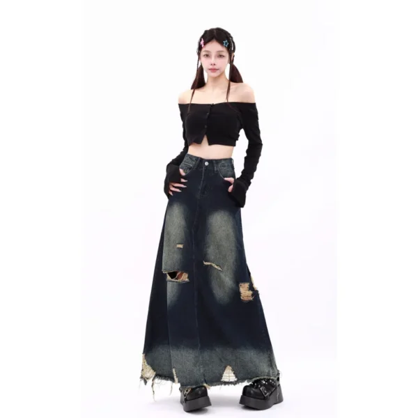 Original Design Heavy Industry Grinding And Washing Wasteland A-Type Pendulum Raw Edge Ripped Denim Skirt - Image 7