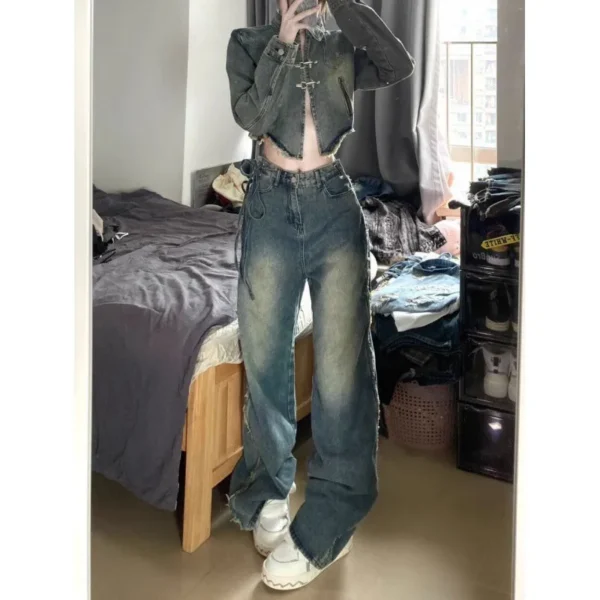 Millennium Pants Women'S American High Street Retro Design Sense Niche Loose Straight Wide Leg Jeans Tide - Image 2