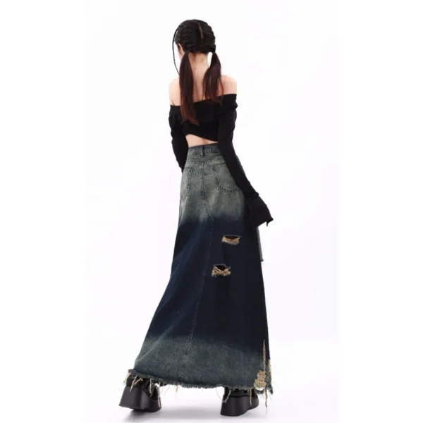 Original Design Heavy Industry Grinding And Washing Wasteland A-Type Pendulum Raw Edge Ripped Denim Skirt - Image 17