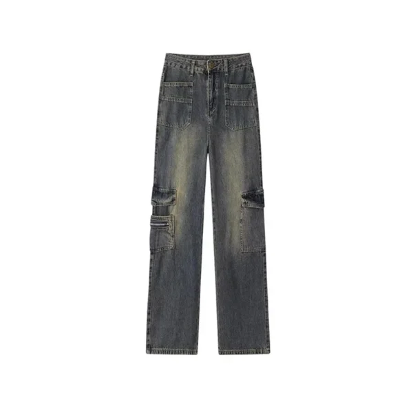 Design Tooling Multi-Pocket Jeans Women'S Spring And Autumn Large Size Fat Mm High Waist Skinny Loose Straight Wide Leg Pants - Image 5